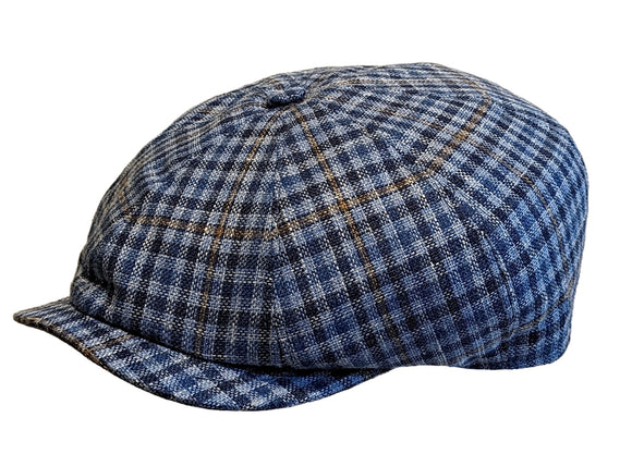 Cappellificio Biellese light weight Virgin Wool/Linen classic multi Blue check Baker boy cap