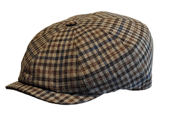 Cappellificio Biellese light weight Virgin Wool/Linen classic multi Tan check Baker boy cap