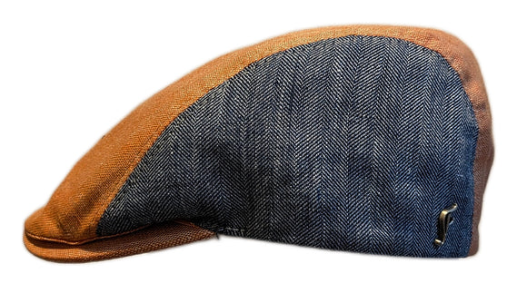 Flechet Linen 3 panel flat cap in Orange/Blue Herringbone Pattern