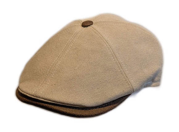 Flechet Cotton Canvas 6 Panel Baker boy with leather trim in Beige