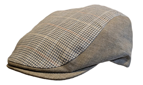 Flechet Linen 3 panel flat cap in Beige/Blue Houndstooth Pattern