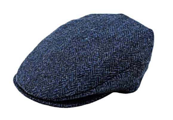 Hanna Hats Donegal Tweed Herringbone flat cap in Navy