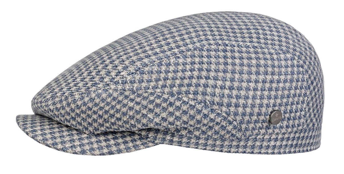 Lierys Linen/Silk/cotton Houndstooth Drivers style flat cap in blue/Na ...