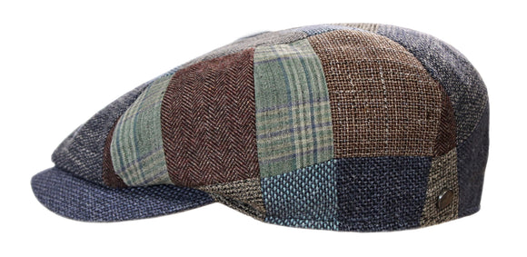 Lierys Wool/Linen/Silk Patchwork Baker boy cap in denim Blue/Brown