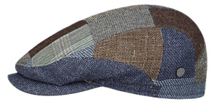 Lierys Wool/Linen/Silk Patchwork Drivers style flat cap in denim Blue/Brown