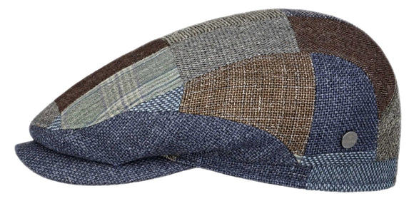 Lierys Wool/Linen/Silk Patchwork Drivers style flat cap in denim Blue/Brown