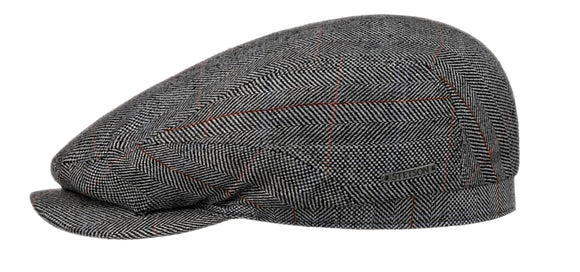 Stetson Silk Herringbone check Drivers style flat cap in Silver Grey